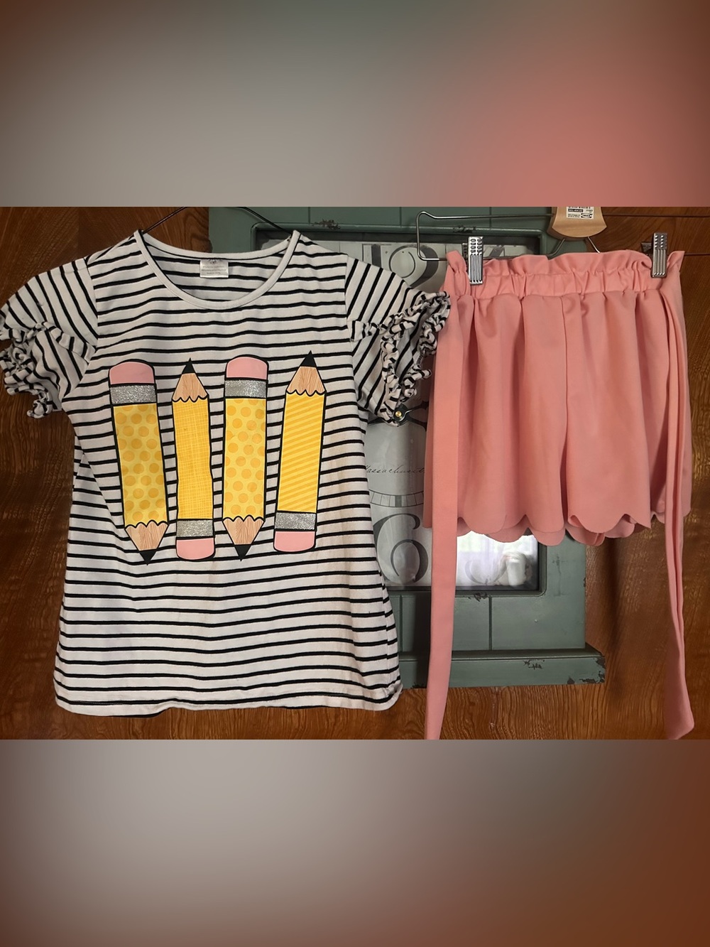 Kids Striped Pencil Graphic Tee with Pink Skirt
